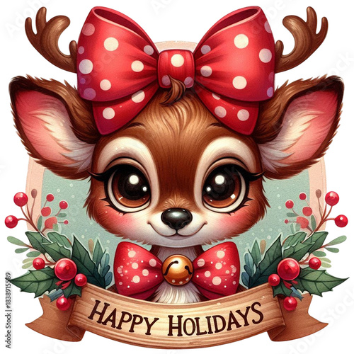 An image of cute christmas reindeer with red scarf.. The scene includes deer, playful, white, adorable, drawing, gift, red, clip