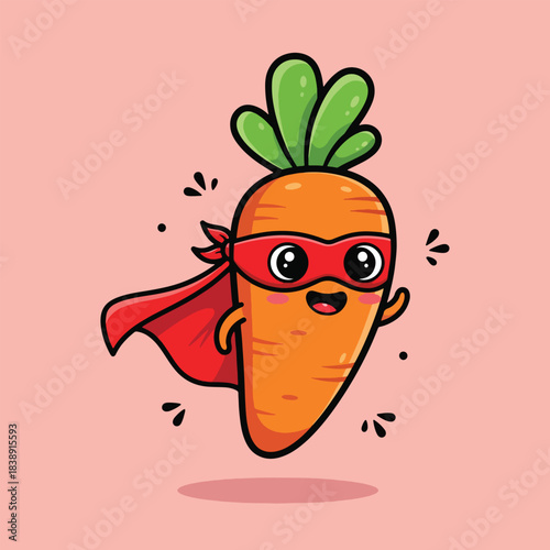 Cute Cartoon Superhero Carrot with Red Mask and Cape.