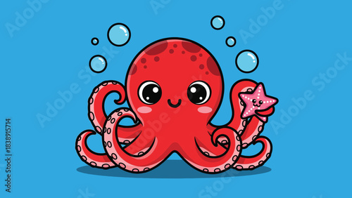 Cute red cartoon octopus holding a pink starfish underwater.