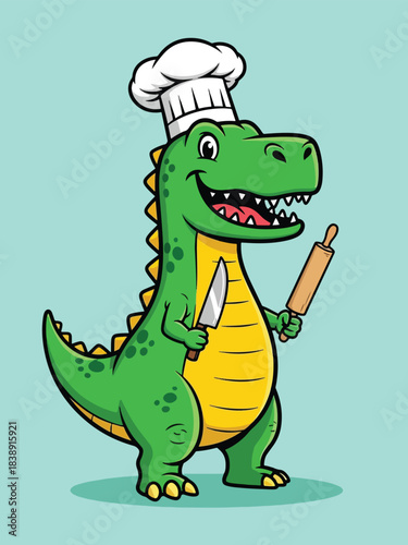 Happy Cartoon Green Dinosaur Chef with Hat Knife and Rolling Pin.