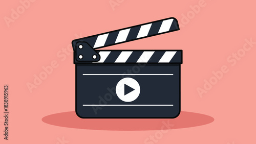Open black film clapperboard with white stripes and play button icon symbolizing movie production.
