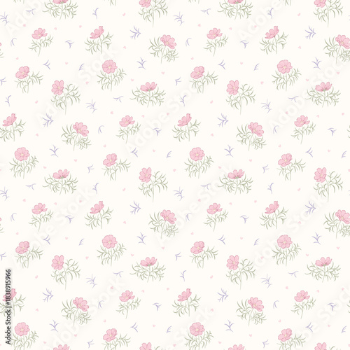 Flower pattern, floral seamless pattern, cottagecore ditsy floral print, daisy vintage flower on light background. Small meadow flower, pink tone style design for fashion, texture, fabric, wallpaper