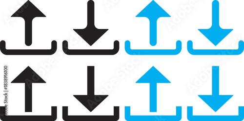 Set of upload and download icons arrow symbol in black and blue outline styles. Up arrow vector icon illustration isolated on white and black. Download button icon or logo illustration outline black 