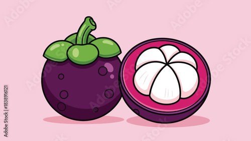 Whole and Halved Mangosteen Fruit with Purple Skin and White Flesh.