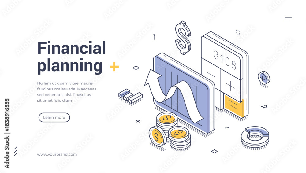 Obraz premium Isometric web banner for financial planning. Vector illustration template with calculator and money. Modern landing page for accounting, investment strategy, and business analysis