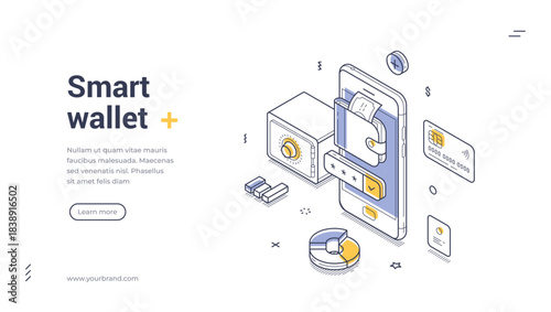 Isometric web banner for smart wallet and secure payments. Vector illustration template with mobile phone and safe. Modern landing page for digital finance and e-commerce