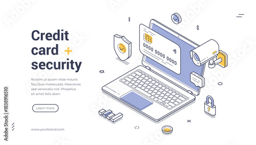 Isometric web banner for credit card security and data protection. Vector illustration template with laptop and lock. Modern landing page for secure online payments and finance