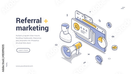 Isometric web banner for referral marketing. Vector illustration template with megaphone and user profile. Modern landing page for affiliate program and customer acquisition strategy