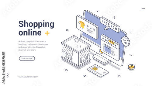 Isometric web banner for online shopping. Vector illustration template with computer, store and credit card. Modern landing page for e-commerce, retail business and internet marketing