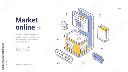 Isometric web banner for online market. Vector illustration template with smartphone and shop. Modern landing page for e-commerce, internet shopping, and digital business promotion