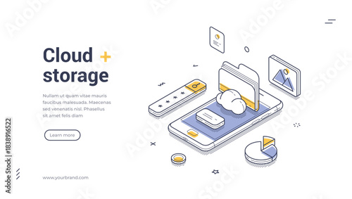 Isometric web banner for cloud storage. Vector illustration template with smartphone and data files. Modern landing page for information hosting, backup, and file sharing services