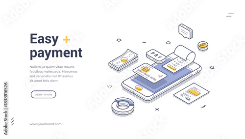 Isometric web banner for easy payment. Vector illustration template with smartphone and money. Modern landing page for online shopping, mobile banking and digital transactions