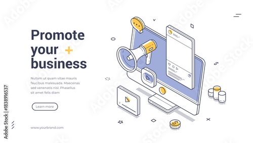 Isometric web banner for digital marketing. Vector illustration template for business promotion with computer and megaphone. Modern landing page for social media advertising and SMM