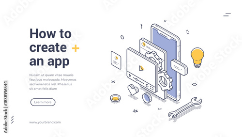 Isometric web banner for mobile app creation. Vector illustration template with smartphone and development tools. Modern landing page for software design, coding process, and user interface building