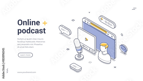 Web banner template for online podcast and streaming. Isometric vector illustration with microphone and browser for a media show. Modern landing page for broadcasting and internet radio