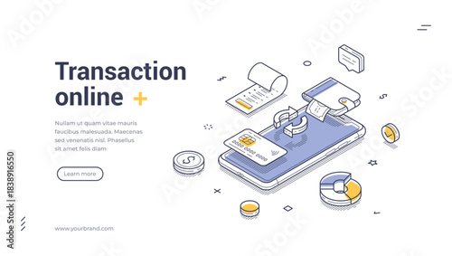 Isometric web banner for online transaction and mobile payment. Vector illustration template for finance technology with smartphone and credit card. Modern landing page for e-commerce and banking