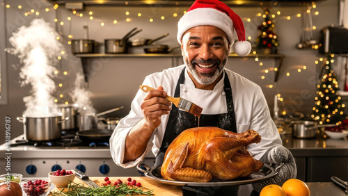 Professional Chef in Santa Hat Preparing Christmas Roasted Turkey