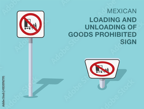 Traffic regulation rules. Isolated mexican "loading and unloading of goods prohibited" road sign. Front and top view. Flat vector illustration template.