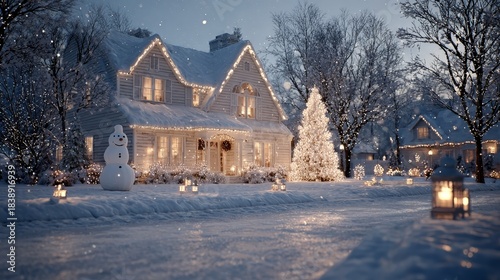 Nighttime cozy house decorated with elegant Christmas lights, glowing indoor tree visible through window, snowman on front lawn, realistic shadows and reflections, festive holiday scene.