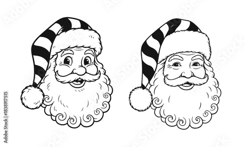Santa Claus head in cartoon festive style with fluffy beard and classic hat, cheerful holiday character. Santa head, Santa face, Christmas icon, holiday character, festive art