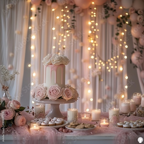dreamy celebration scene with fairy lights and pastel decorations