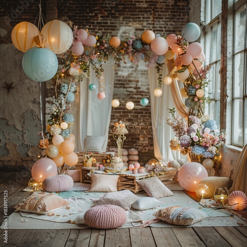 dreamy celebration scene with fairy lights and pastel decorations