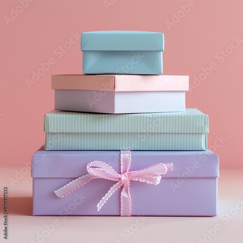 Elegant stack of gift boxes in gentle pastel colors tied with a delicate pink bow, symbolizing a thoughtful present for a birthday or holiday celebration