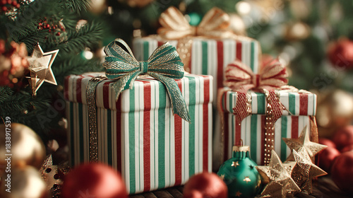 Pile of striped Christmas gift boxes with festive bows and ornaments near a decorated tree