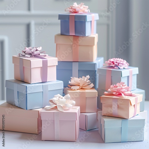 A charming stack of beautifully wrapped pastel-colored gift boxes with delicate ribbons and bows, perfect for any celebration