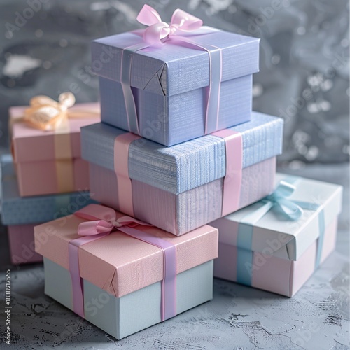 A beautiful stack of gift boxes wrapped in soft pastel paper with delicate satin ribbons, perfect for a birthday or holiday celebration