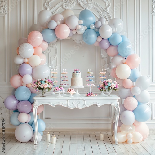 Luxury party decoration for a baby shower or first birthday celebration with a sweet table and delicate pastel balloon garland