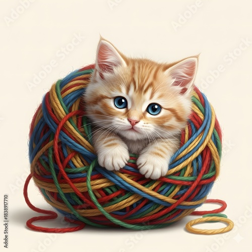 Kitten Playing with a Tangled Yarn