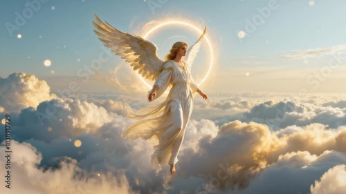 cinematic graceful angelic emissary hovering cloud sea glowing halo energy ring fantasy