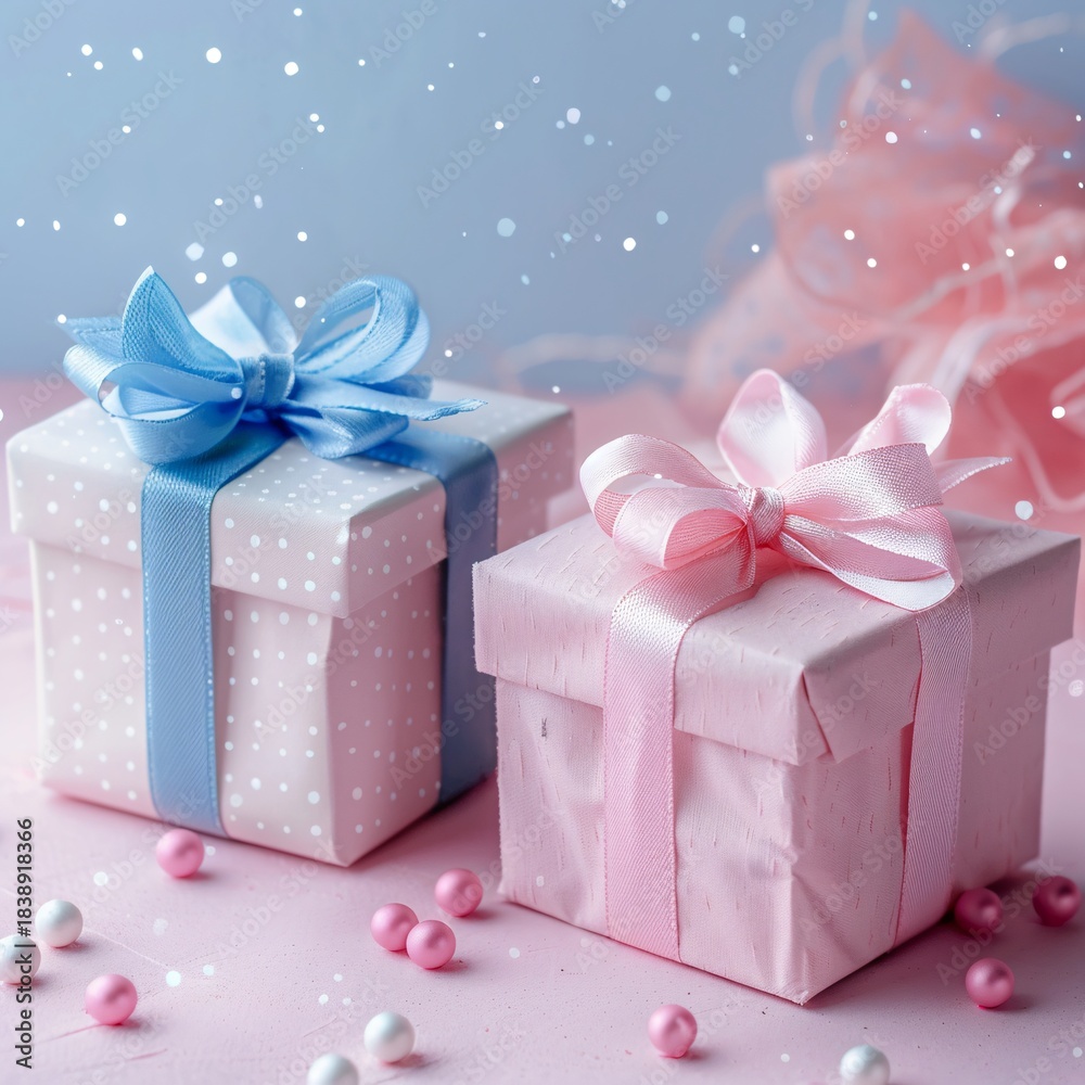 Fototapeta premium baby blue and pink present boxes with soft fabric texture