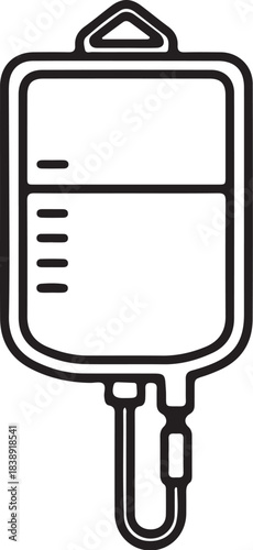 Black and white line art icon of an intravenous drip bag with fluid and tubing iv drip bag medical on transparent background