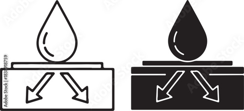 Outline and Silhouette of a Water Drop Absorbing into a Surface on White Background Keywords: water, drop, liquid, absorption, absorbent, surface, material, fabric, textile, on transparent background