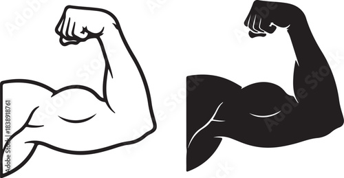 Outline and Silhouette of a Flexed Bicep Muscle on White Background Keywords: bicep, muscle, arm, flex, flexing, strength, power, fitness, bodybuilding, workout, exercise, on transparent background