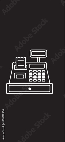 White Outline of a Cash Register on a Black Background Keywords: cash register, till, money, transaction, commerce, retail, business, finance, payment, sales, shop, store, on transparent background