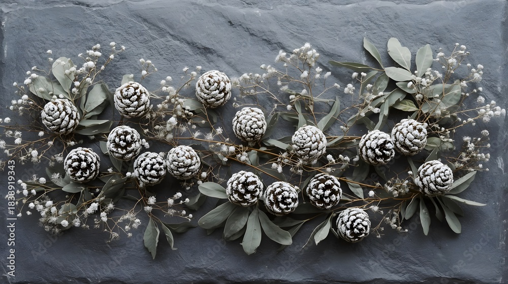 Fototapeta premium Rustic Winter Slate Frosted Pinecone Garland