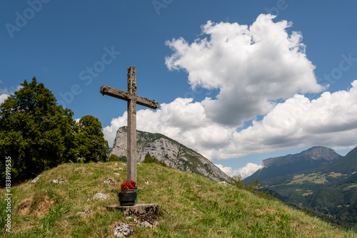 Vieille croix en bois couverte de mousse (Hameau du château, Saint-Pierre d'Entremont, Isère, France)