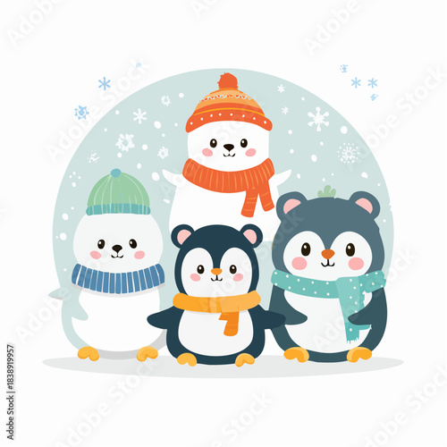 Adorable winter animals, a polar bear, penguin, and two seals, dressed in cozy scarves and hats, enjoying a snowy day illustration