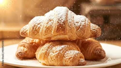 Delicious croissants topped with powdered sugar on a white plate in a cozy bakery setting