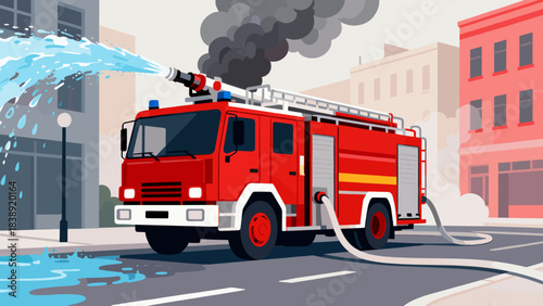 Red fire truck spraying water on street in urban environment  