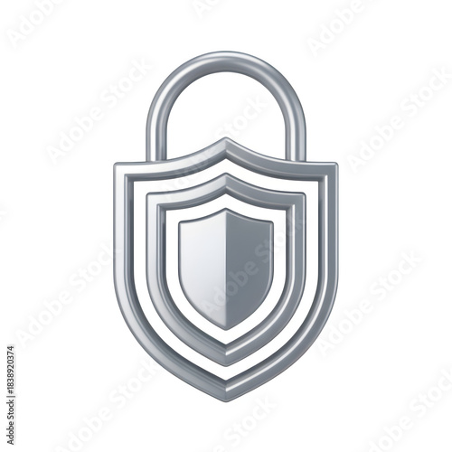 Silver metallic 3d icon combining a padlock and a shield representing ultimate digital security and data protection