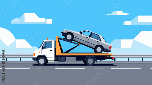Tow truck transporting a car on highway under blue sky  