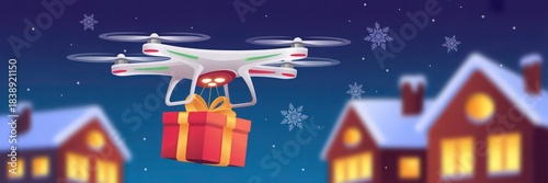 Holiday Drone Gift Delivery  Festive Present Shipping and Modern Air Courier Vector.