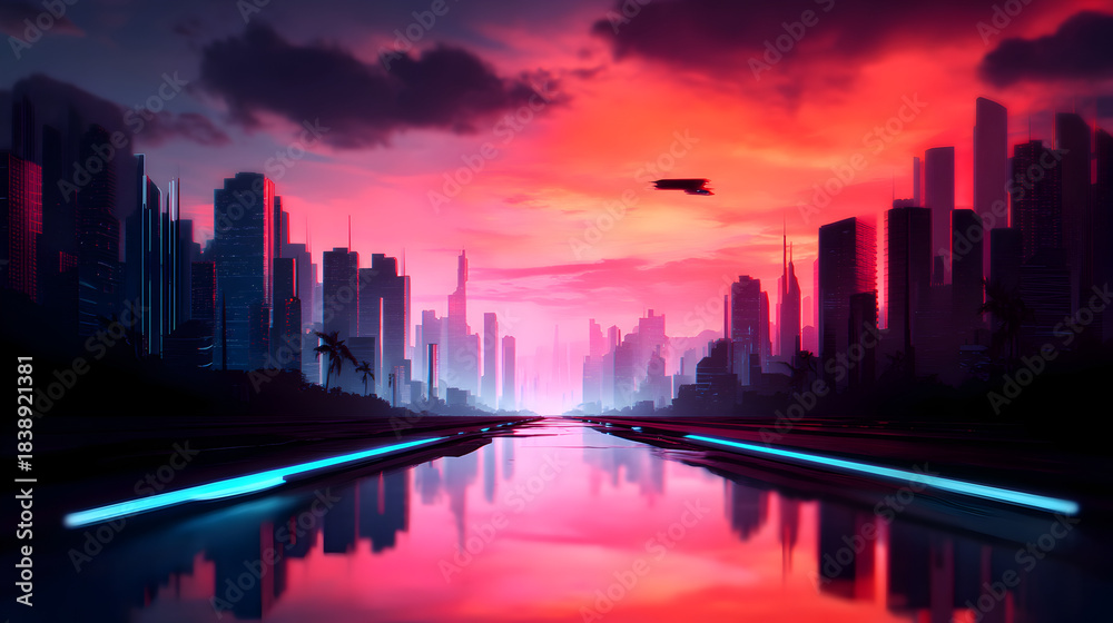 Obraz premium Cityscape Silhouette: A futuristic cityscape, bathed in a vibrant sunset. The city's skyline reflects in a mirrored, creating a mesmerizing view.