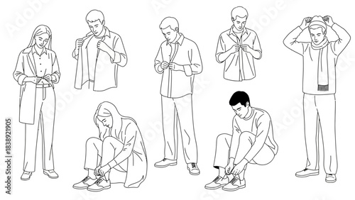Elegant line art showing people dressing and tying shoes for daily routines and preparation