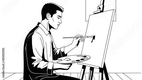 Focused artist intently applies dark paint to canvas while holding a classic palette and brush