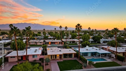 Aerial view of colorful mid-century modern homes with palm trees under a vibrant sunset in the desert